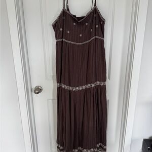 American Eagle Outfitters Brown Maxi Dress with White Embroidery